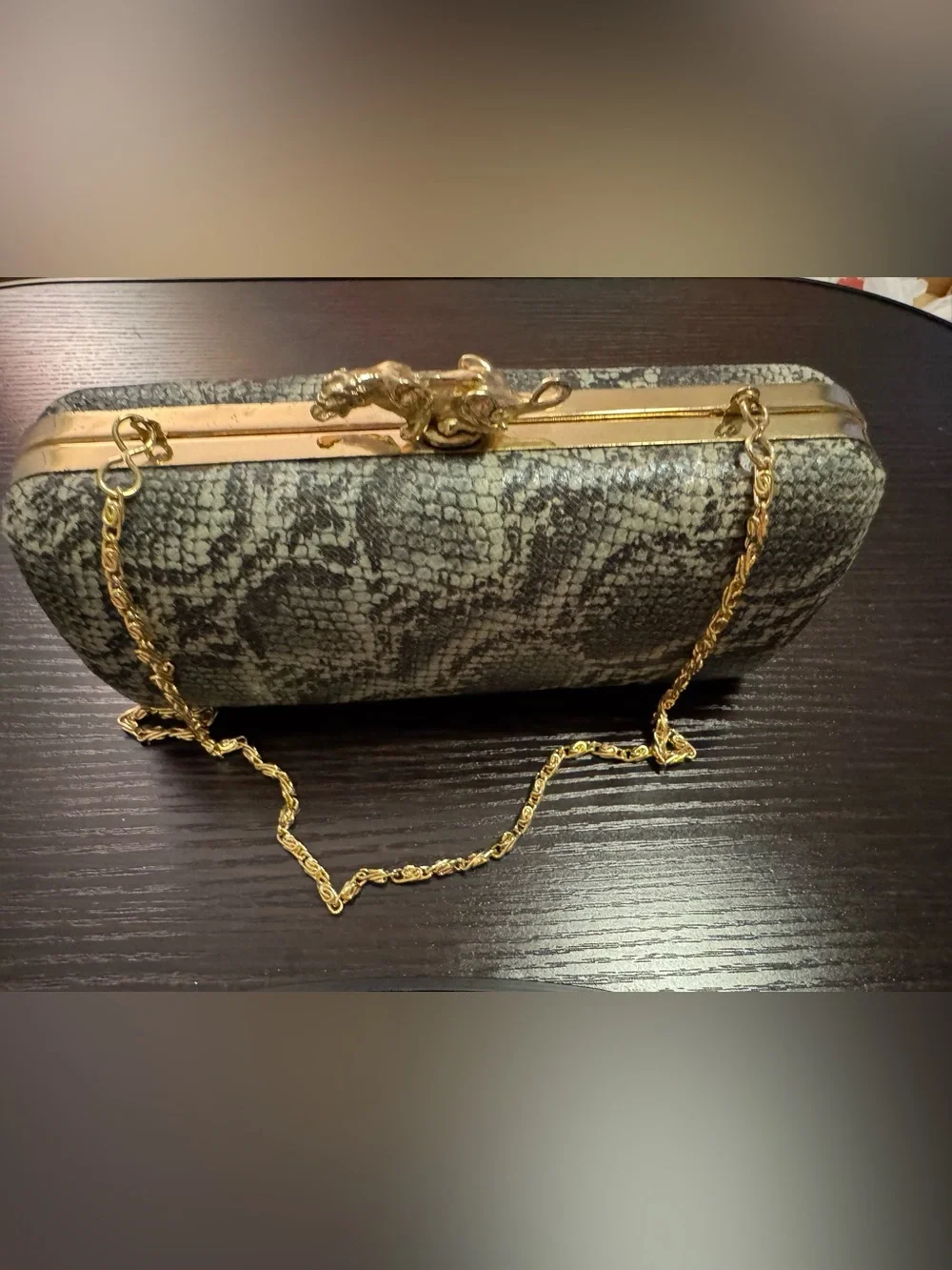 Snake-Print Evening Clutch with Gold Hardware